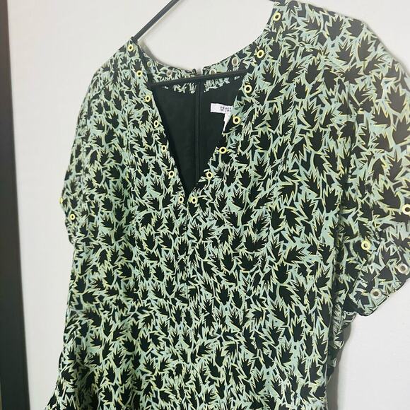 DEREK LAM 10 Crosby Green Black Leaf Printed V Neck Grommet Mini Dress Size 12 - Picture 13 of 14